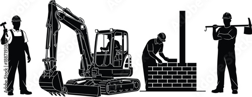 Construction workers and heavy machinery silhouettes set showing excavation bricklaying and manual labor industrial building black white vector illustration