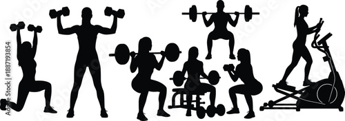 Gym fitness workout silhouette collection featuring strength training, weightlifting exercises, cardio workouts, bodybuilding routines, and active healthy lifestyle concepts