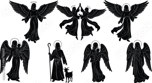Guardian angel silhouette collection with wings halos sacred figures divine protection spiritual black and white vector illustration set