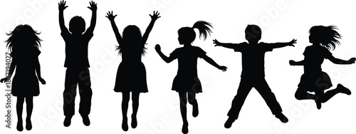 Happy children silhouettes jumping and playing together, joy, freedom and active childhood lifestyle concept isolated on white background