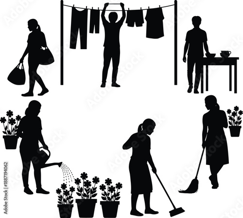Household daily activities silhouette icon set showing laundry shopping cleaning gardening chores home lifestyle isolated black vector figures