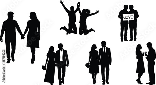 Couple silhouette icon set showing love romance dating engagement wedding celebration happiness isolated black vector people illustrations