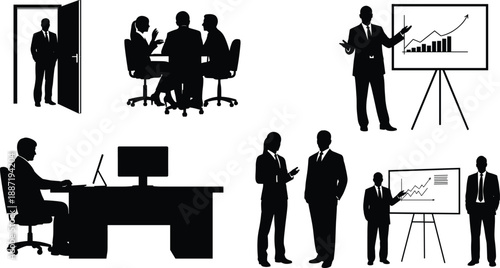 Business people silhouette icon set showing office work meetings presentations teamwork corporate management isolated black vector figures
