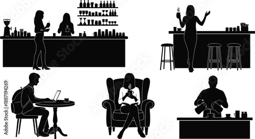 Coffee shop silhouette icon set showing people drinking coffee working relaxing at cafe bar interior isolated black vector figures