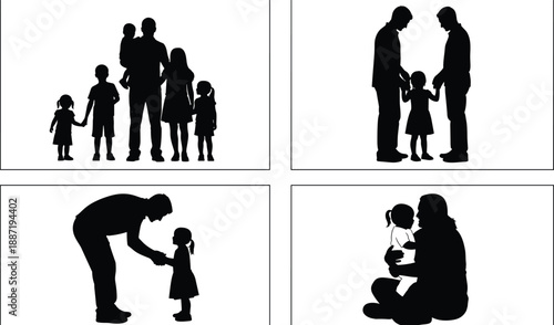 Family silhouette icon set showing parents and children bonding moments love care protection isolated black vector figures