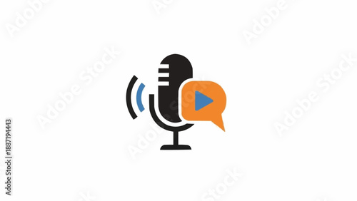 Podcast Microphone with Audio Waves and Play Button Icon.