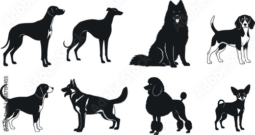 Dog breed silhouette icon set featuring various domestic dogs isolated black vector collection for pet animal design use