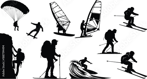 Extreme sports silhouette icon set featuring surfing skiing windsurfing paragliding climbing hiking snowboarding isolated black vector figures