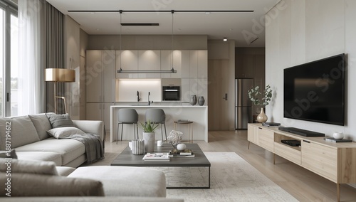 Modern Living Room and Kitchen Space With Natural Light in a Contemporary Home