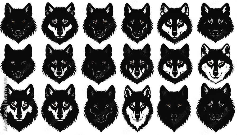 Fototapeta premium Collection of Wolf Head Silhouettes for Design Projects.