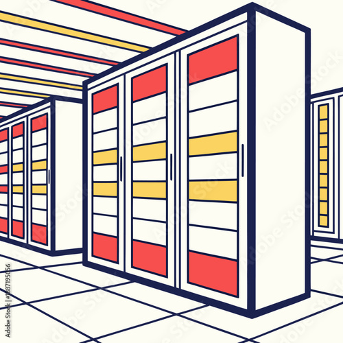 Modern Data Center Server Room Interior with Racks Vector Illustration