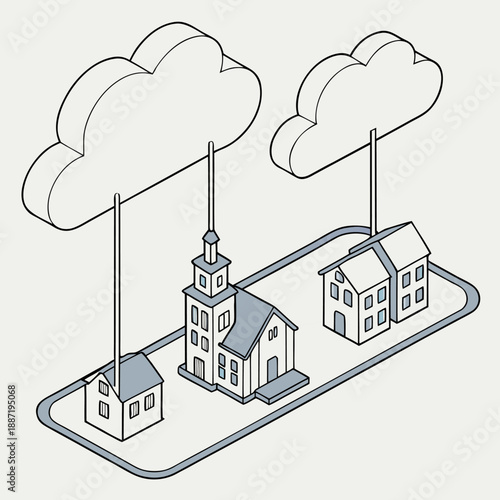 Cloud Computing Concept Connecting Residential Houses and Data Storage