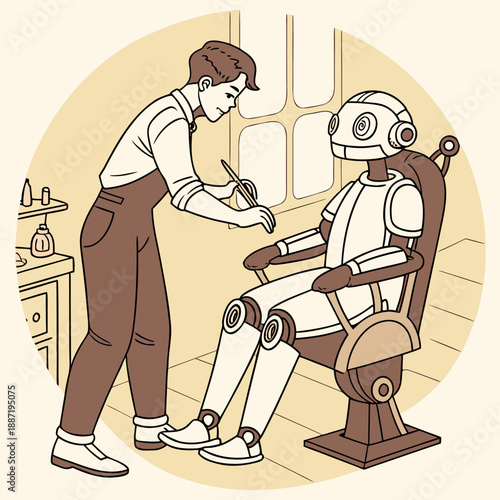 Human Mechanic Repairing or Grooming a Robot in Barber Shop Setting