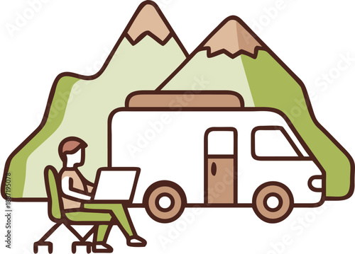 Digital Nomad Working Remotely from Camper Van in Mountains Vector Illustration