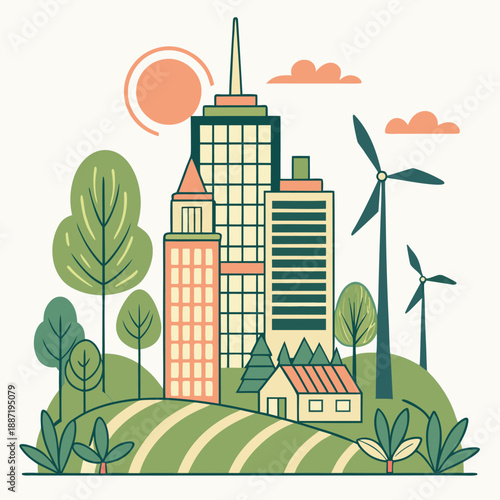 Sustainable Eco City with Green Energy and Modern Architecture Flat Illustration