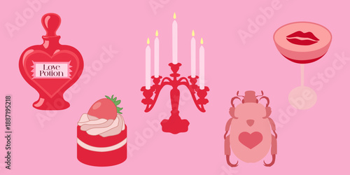 Coquette pink vector stickers  for Valentine's Day. Romantic attributes in a minimalist cartoon style