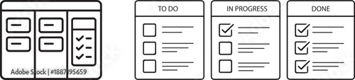 Kanban Task Board Line Icons – To Do, In Progress, Done Checklist Vector