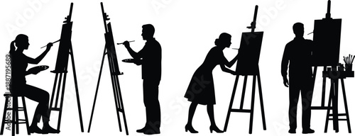 Artists painting on easels silhouettes, creative people working in art studio, painter figures with canvases for education, creativity, and artistic lifestyle illustration