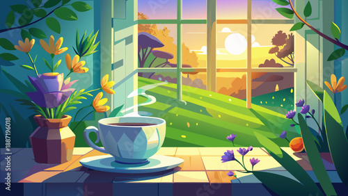 Very beautiful serene morning scene with a white coffee cup on a saucer beside a blooming plant, gently illuminated by soft sunlight streaming through a quiet window.
