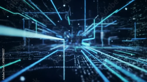 Extreme close-up of vibrant digital data streams and abstract lines of code rapidly animating in a vast dark digital space, with neon blue, green, and purple accents and smooth tracking video.