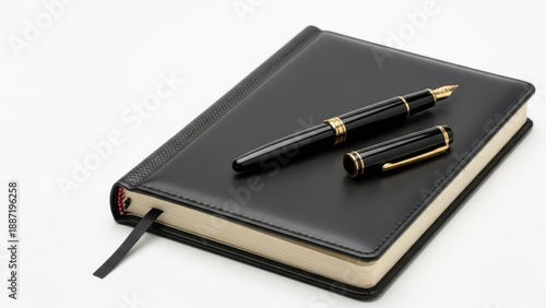 Black leather notebook with two pens isolated on white background