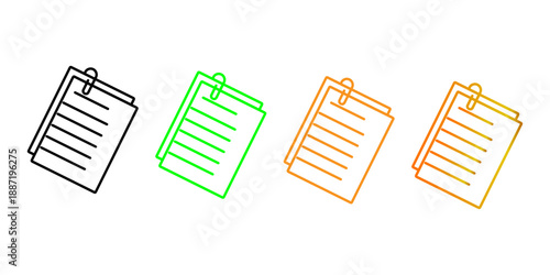 Colorful document icons with paperclips vector set. Minimalist office file and note symbols in various hues.