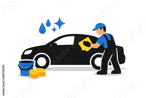 Male worker washing black car with sponge and bucket