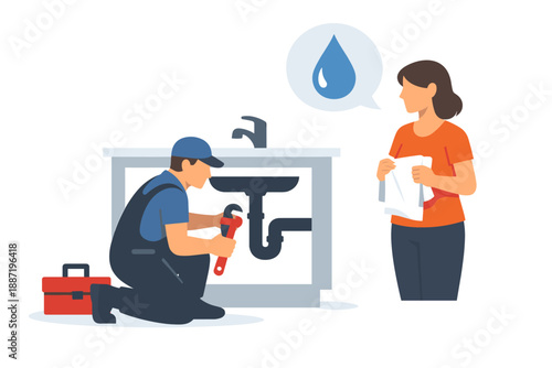 Male plumber repairing sink with female client observing in kitchen scene