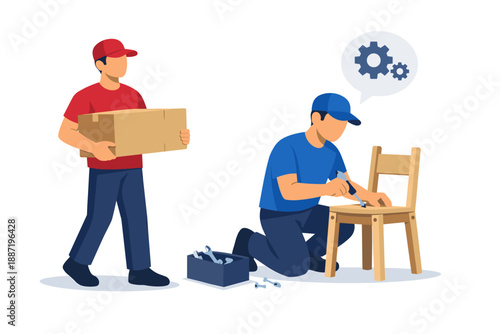 Male workers assembling wooden chair with tools and gears