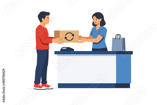 Young asian female clerk assists male customer with package return at counter
