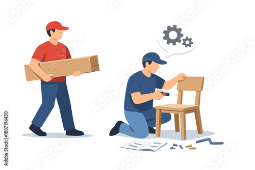 Two men assembling chair with tools and instructions in a home setting