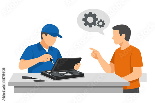 Male technicians discuss electronics repair collaborative troubleshooting teamwork