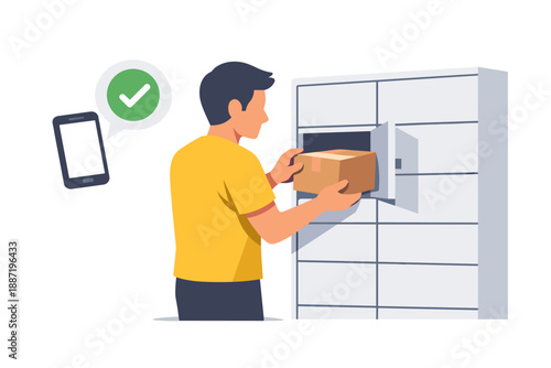 Male receiving package from locker using smartphone app verification