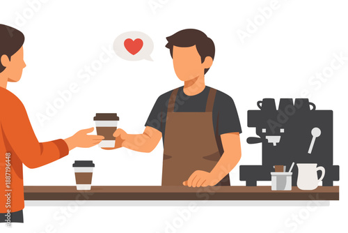 Cafeteria interaction between barista and customer at coffee shop counter