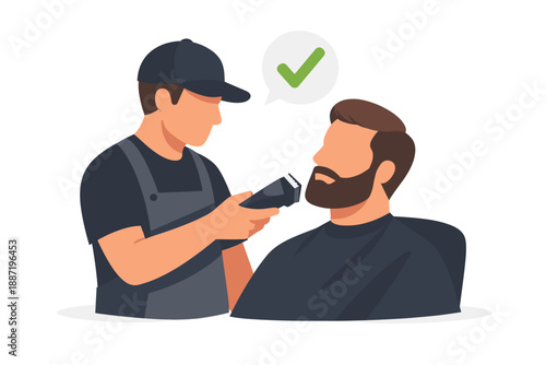 Barber trimming beard of caucasian male customer in salon scene
