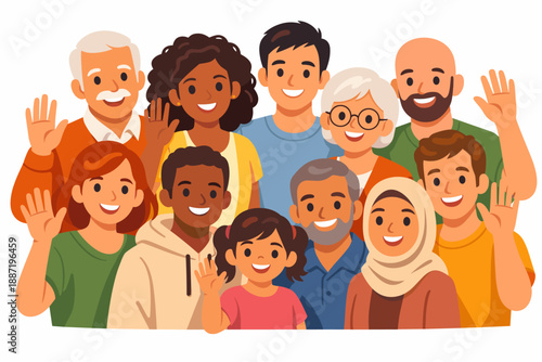 Diverse group of happy people smiling and waving