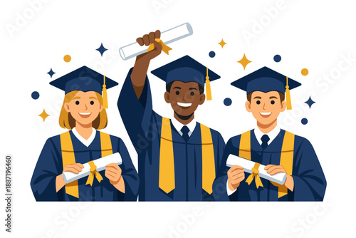 Diverse young graduates celebrating achievement with diplomas