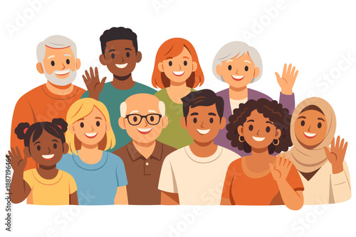 Diverse group of people smiling and waving