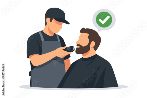 Male barber shaving bearded caucasian adult with electric trimmer in salon