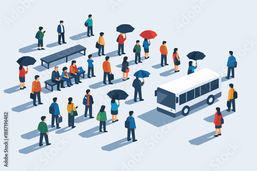 Diverse group of people waiting at bus stop with umbrellas in urban setting