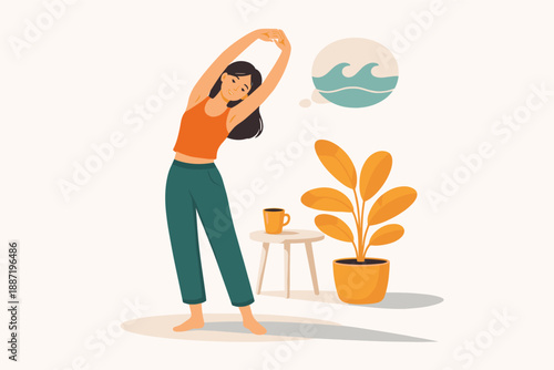 Young asian female relaxing at home with yoga and greenery