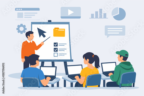 Diverse team in training session with laptops and presentation