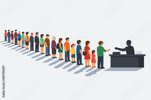 People of different ages and races standing in line at a counter