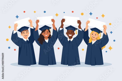 Diverse graduates celebrate achievement with blank signs in cap and gown