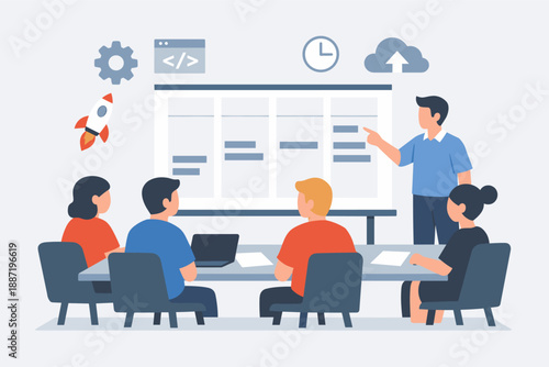 Team meeting with diverse adults brainstorming ideas for project planning in office setting