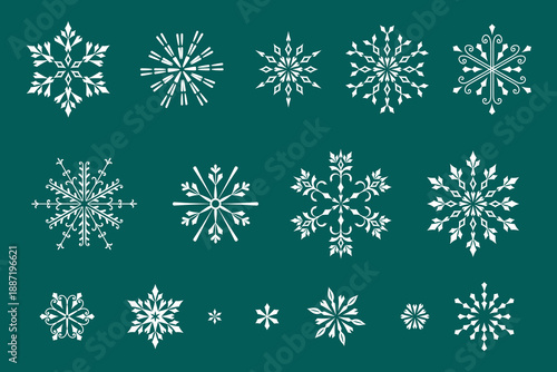 Wallpaper Mural Collection of unique white or gold snowflakes in different symmetrical styles, displayed on a vibrant background. Concept of winter and cold weather. Vector illustrations set Torontodigital.ca