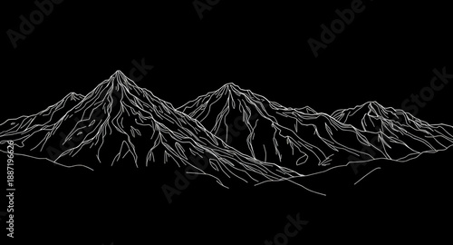 mountains, mountain, peaks, hills, landscape, nature, scenery, outdoor, travel, adventure, hiking, trekking, alpine, summit, ridge, valley, wilderness, panorama, outline, lineart, line, stroke, icon, 