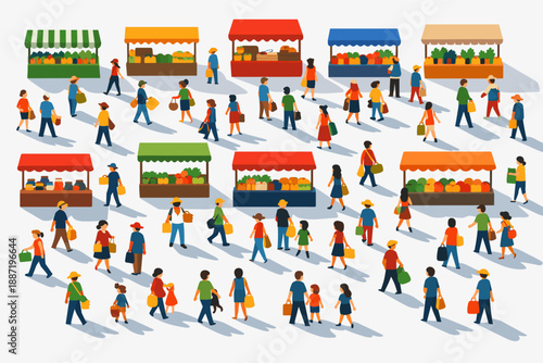 Diverse crowd walking at outdoor market with colorful stalls