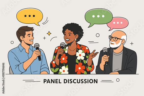 Diverse panel discussion with male and female speakers holding microphones