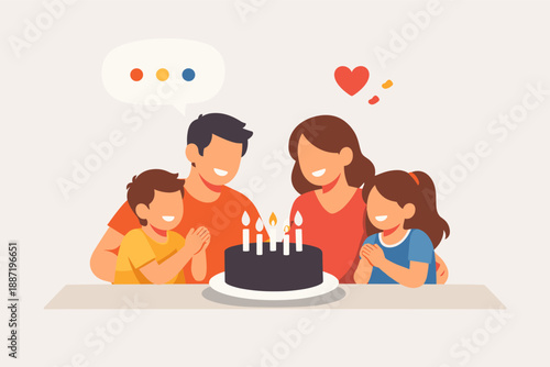 Family celebrating birthday with cake: asian parents, children smiling together